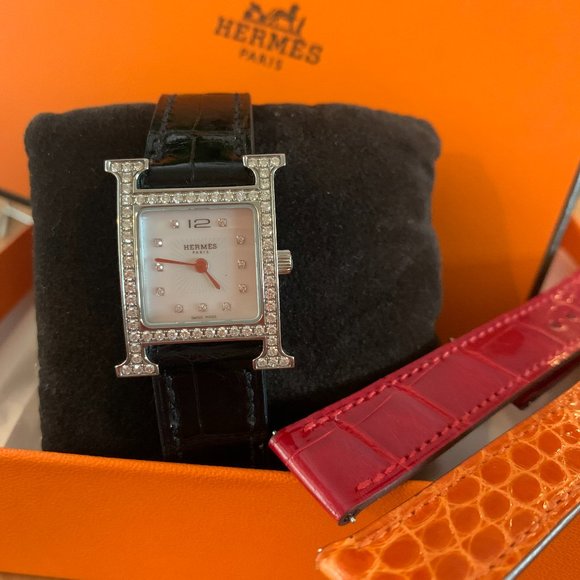 Hermes 21mm Heure H Alligator Diamond Watch - Picture 1 of 4